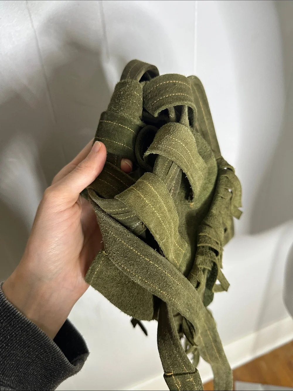 Vintage 70s Genuine Green Suede Hippy Boho Handmade Fringe Bag